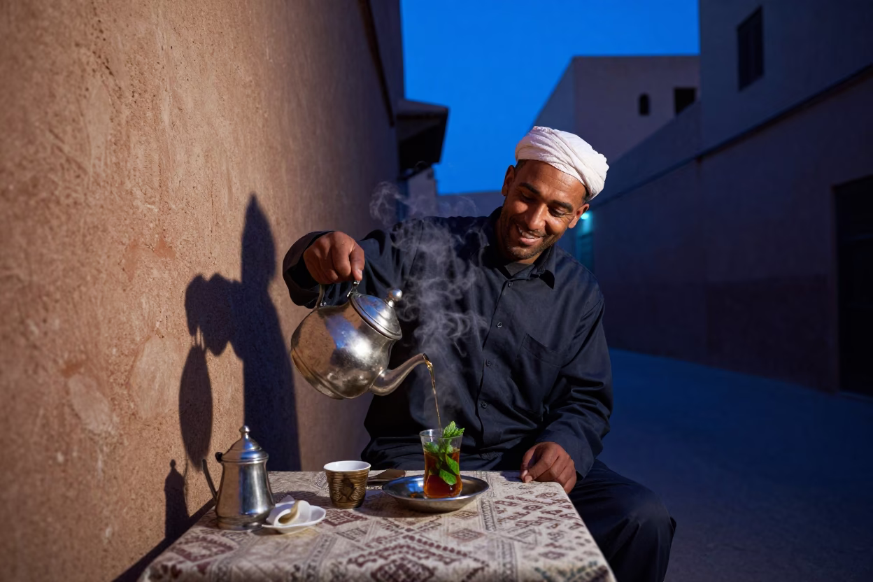 Fez Morocco Evening Street Scene with Traditional Tea and Local Interaction in in Fez, Morocco