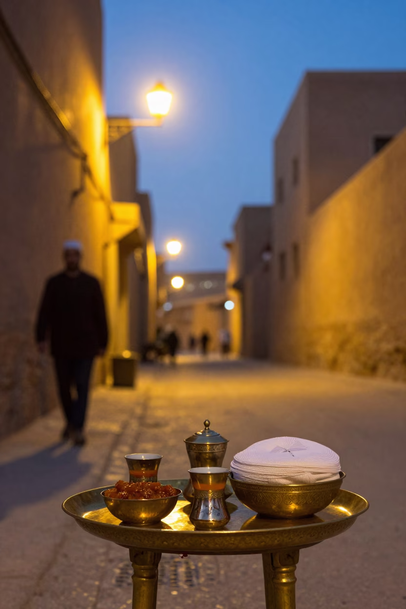 Fez Morocco Evening Street Scene with Traditional Tea Service and City Lights in in Fez, Morocco