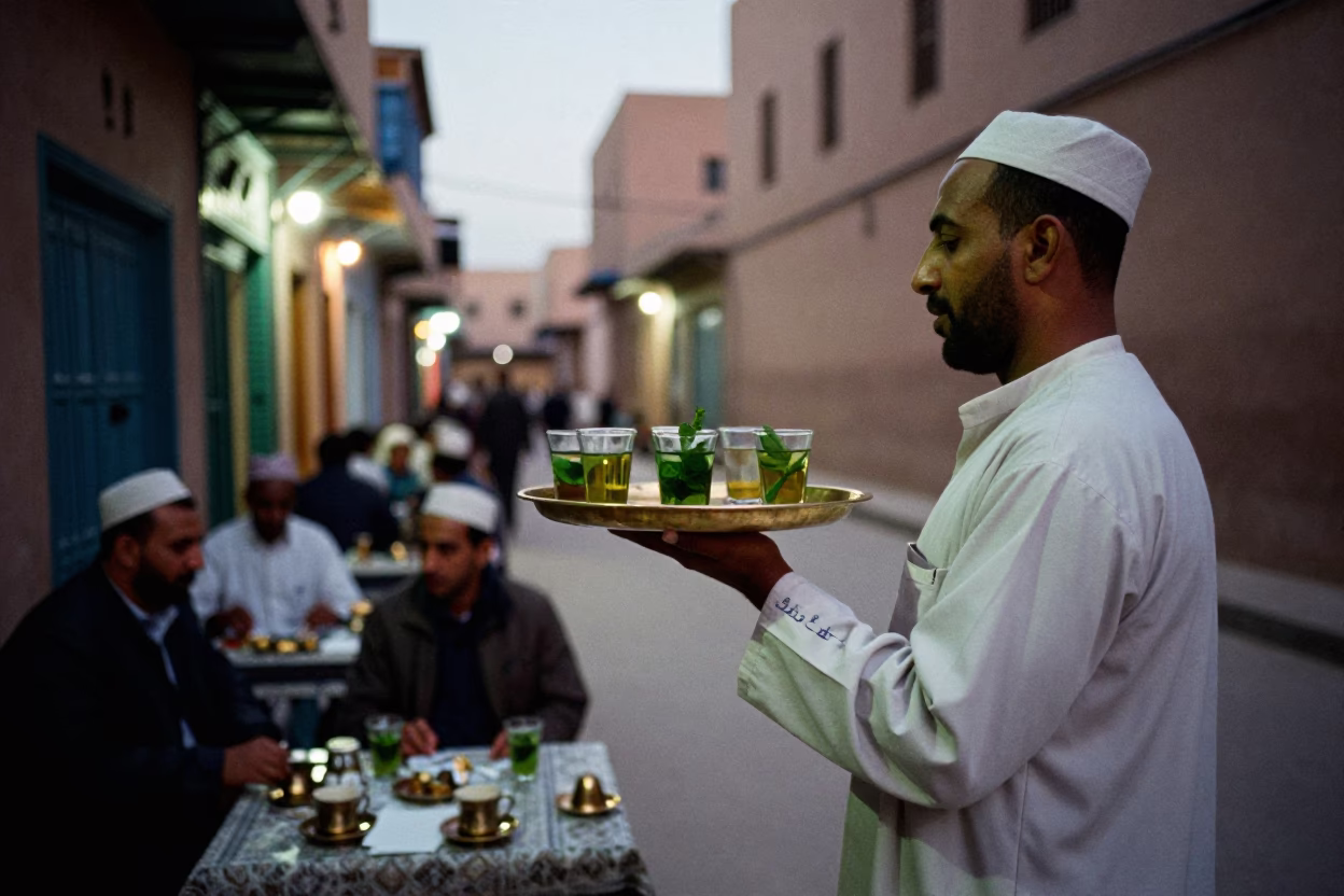 Fez Morocco Evening Street Scene with Traditional Tea Service and Lantern Glow in in Fez, Morocco