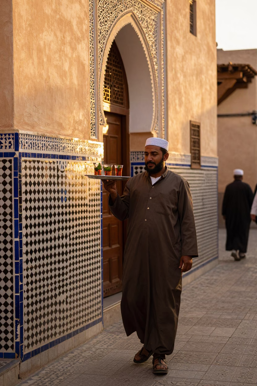 Fez Morocco Evening Street Scene with Traditional Tea Service and Zellige Tile Architecture in in Fez, Morocco