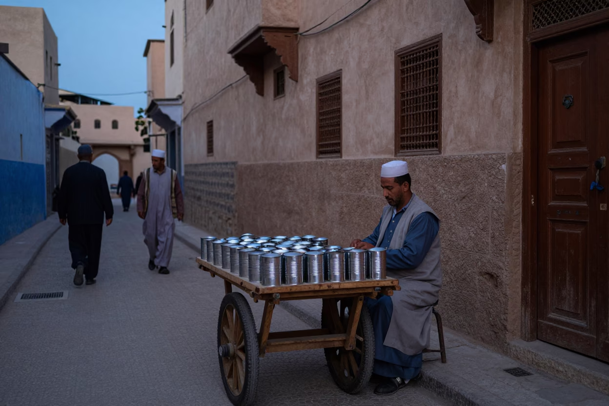Fez Morocco Evening Street Scene with Vendor and Traditional Elements in in Fez, Morocco