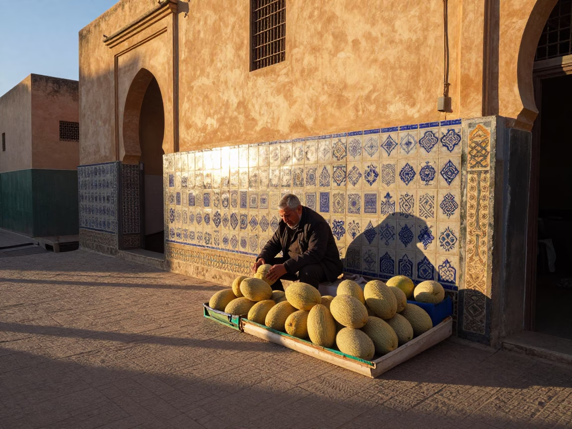 Fez Morocco Golden Hour Street Scene Ceramic Tiles and Melon Vendor in in Fez, Morocco