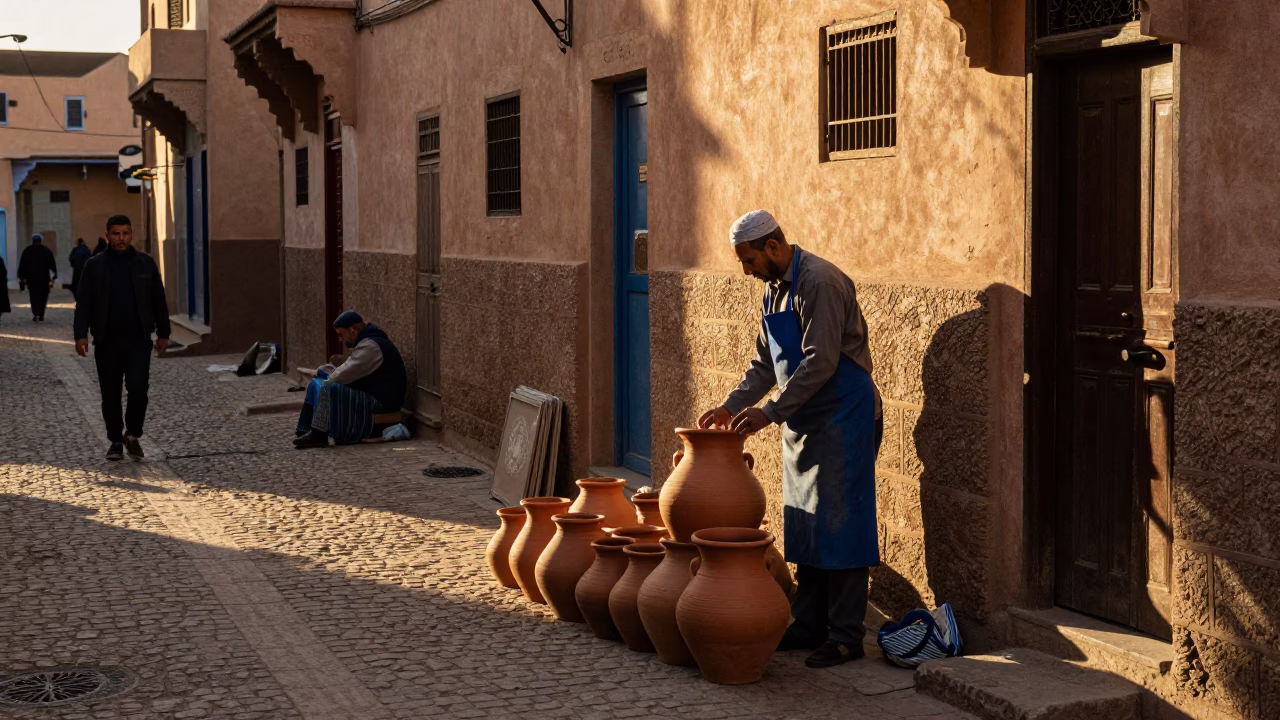 Fez Morocco Golden Hour Street Scene with Clay Pot and Aprons in in Fez, Morocco