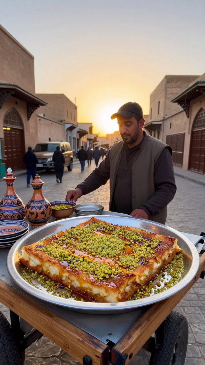 Fez Morocco Golden Hour Street Scene with Knafeh and Traditional Pottery in in Fez, Morocco