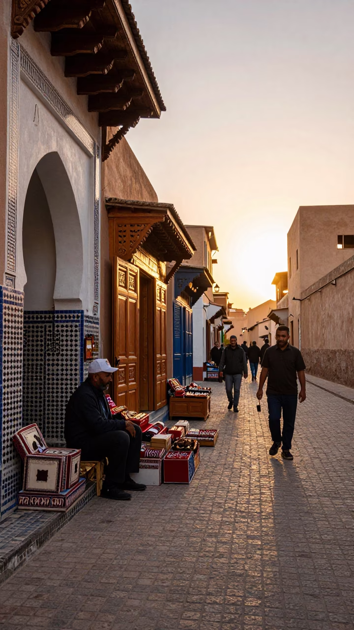 Fez Morocco Golden Hour Street Scene with Local Vendor and Traditional Goods in in Fez, Morocco