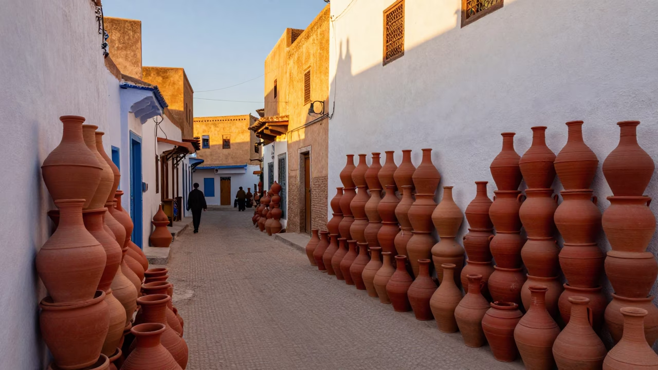 Fez Morocco Golden Hour Street Scene with Traditional Pottery and Local Commerce in in Fez, Morocco