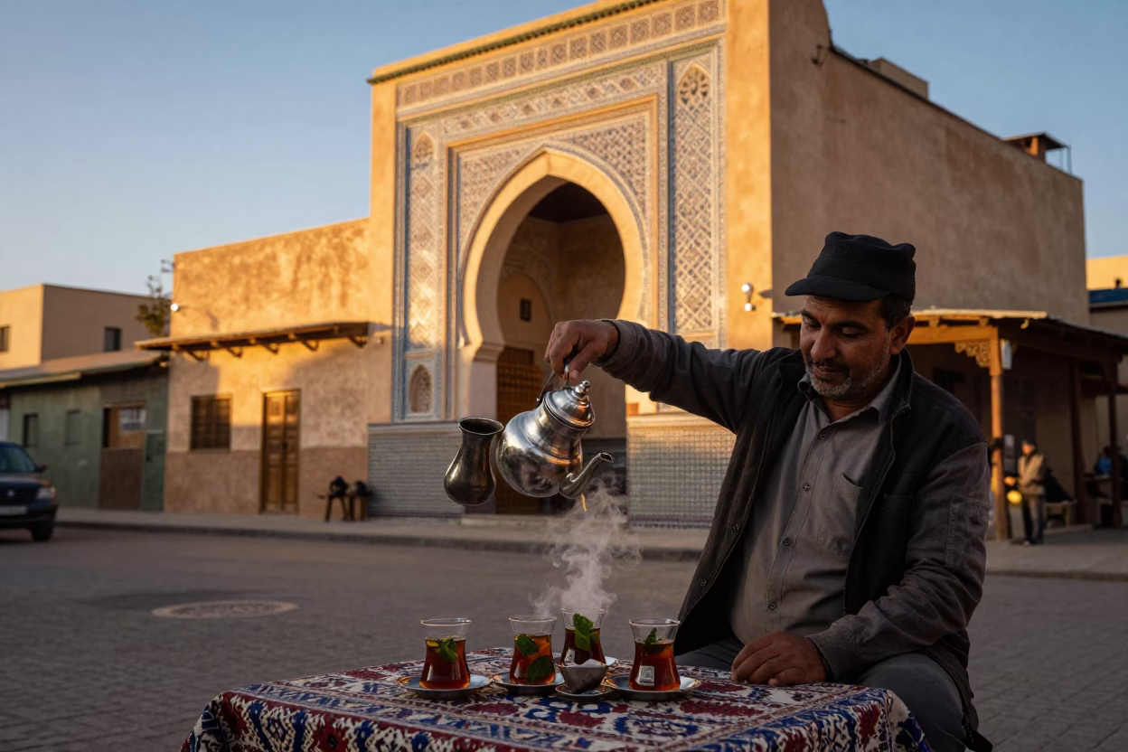 Fez Morocco Golden Hour Street Scene with Traditional Tea and Local Architecture in in Fez, Morocco