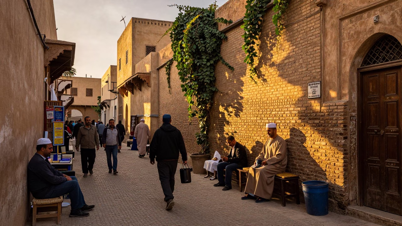 Fez Morocco Honeyed Evening Light Busy Street Scene Traditional Craftsmanship in in Fez, Morocco
