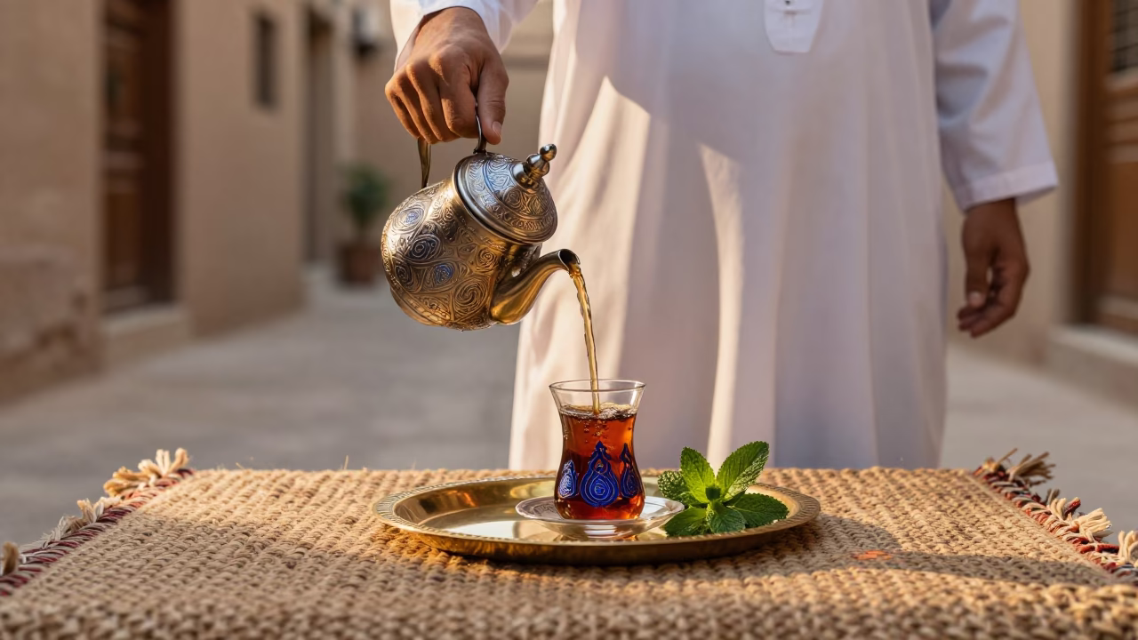 Fez Morocco Honeyed Evening Light Traditional Tea Service with Blue Porcelain and Cardamom Steam in in Fez, Morocco