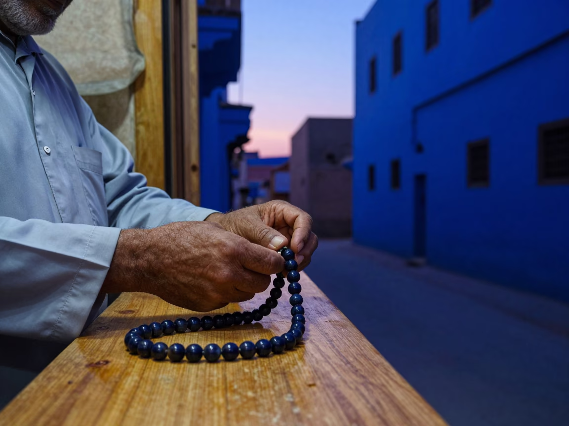 Fez Morocco Indigo Twilight Prayer Beads on Wooden Counter in in Fez, Morocco
