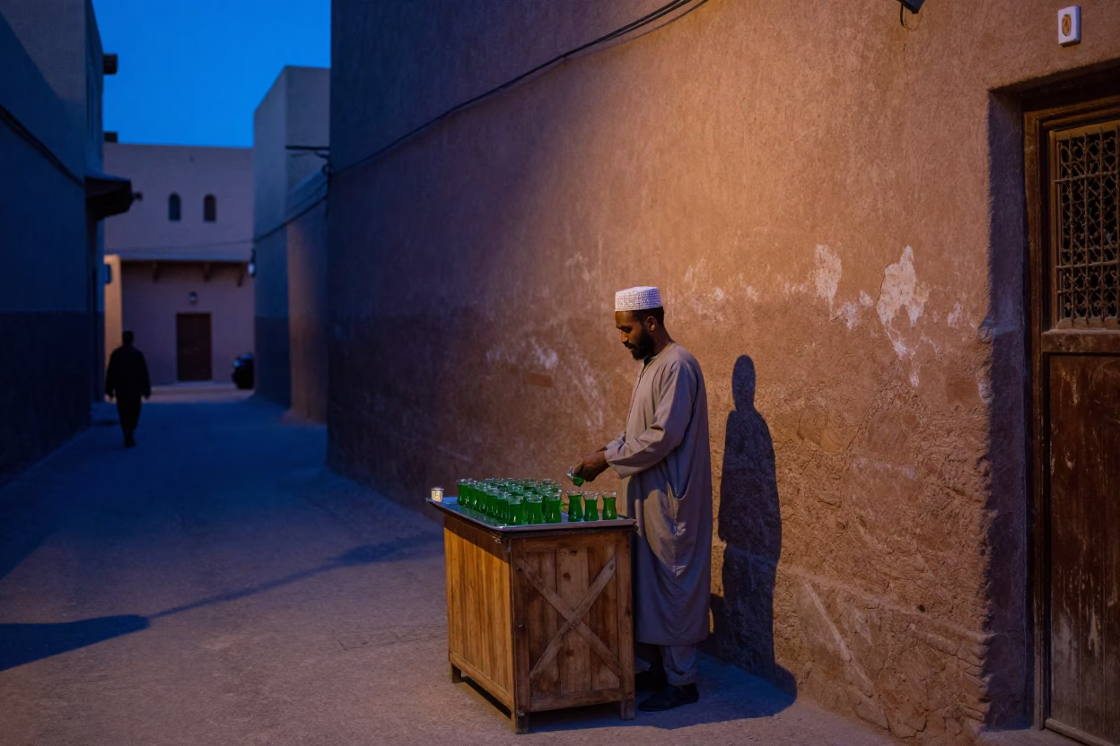 Fez Morocco Indigo Twilight Street Scene with Coffee Tin and Water Stains in in Fez, Morocco