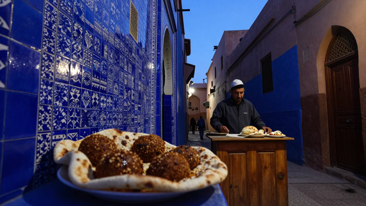 Fez Morocco indigo twilight street scene with falafel pita and traditional basket tray in in Fez, Morocco