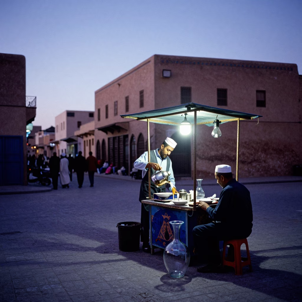 Fez Morocco Indigo Twilight Street Scene with Glass Vase and Soap Residue in in Fez, Morocco