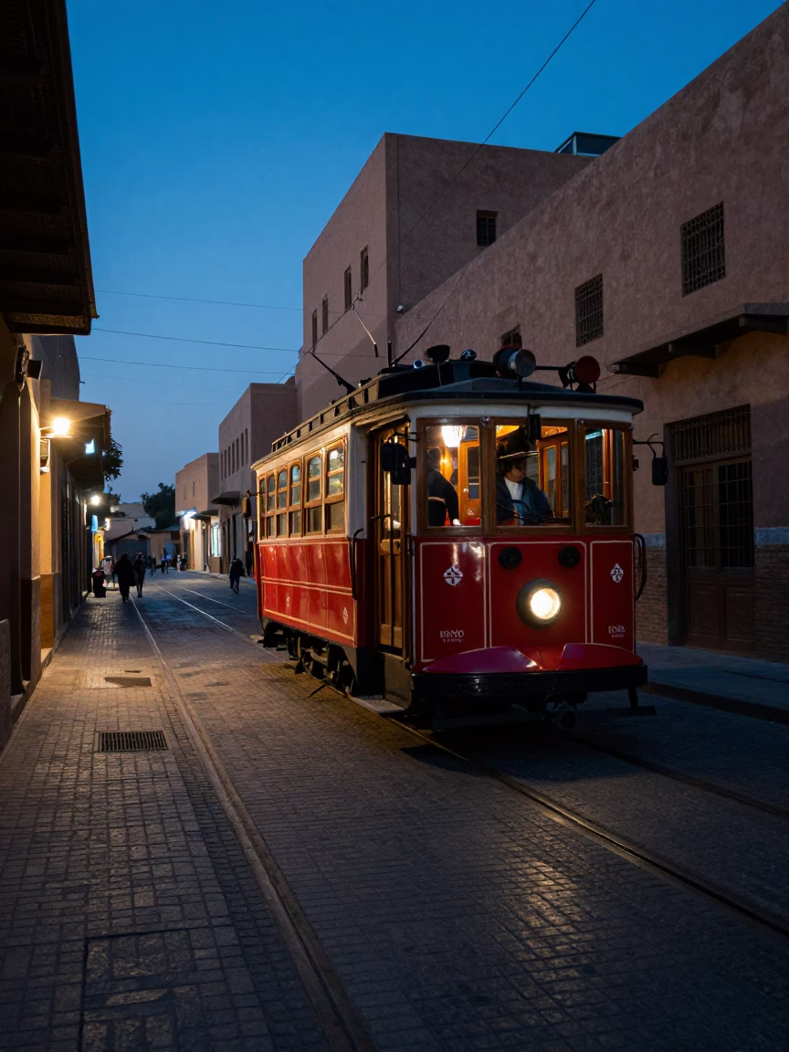 Fez Morocco indigo twilight street scene with heritage tram and cobblestone avenue in in Fez, Morocco