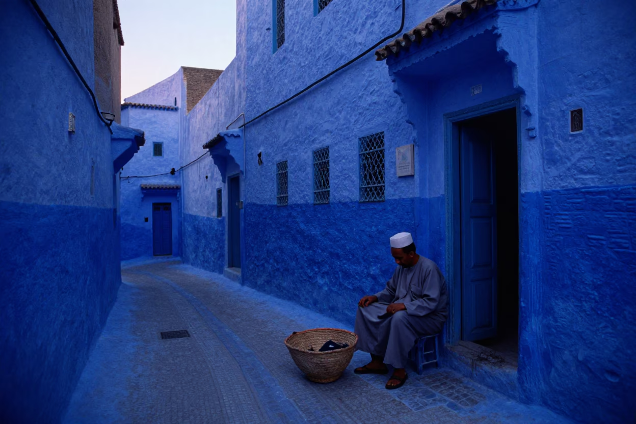 Fez Morocco Indigo Twilight Street Scene with Mending Basket and Local Interaction in in Fez, Morocco