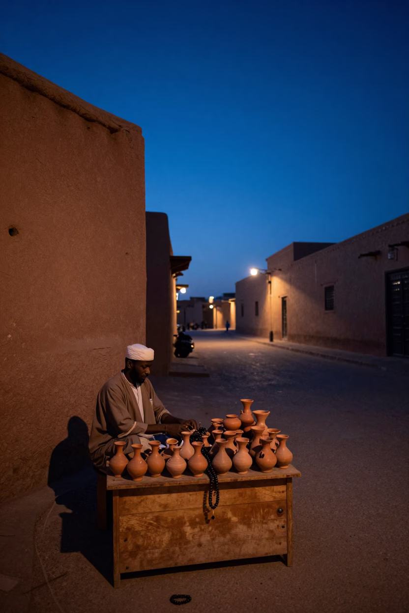 Fez Morocco indigo twilight street scene with prayer beads and traditional pottery market stall in in Fez, Morocco
