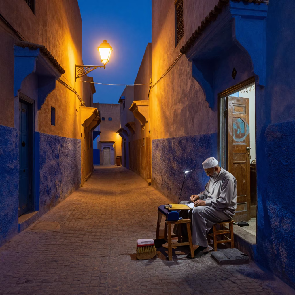 Fez Morocco indigo twilight street scene with shoe brush and traditional architecture in in Fez, Morocco