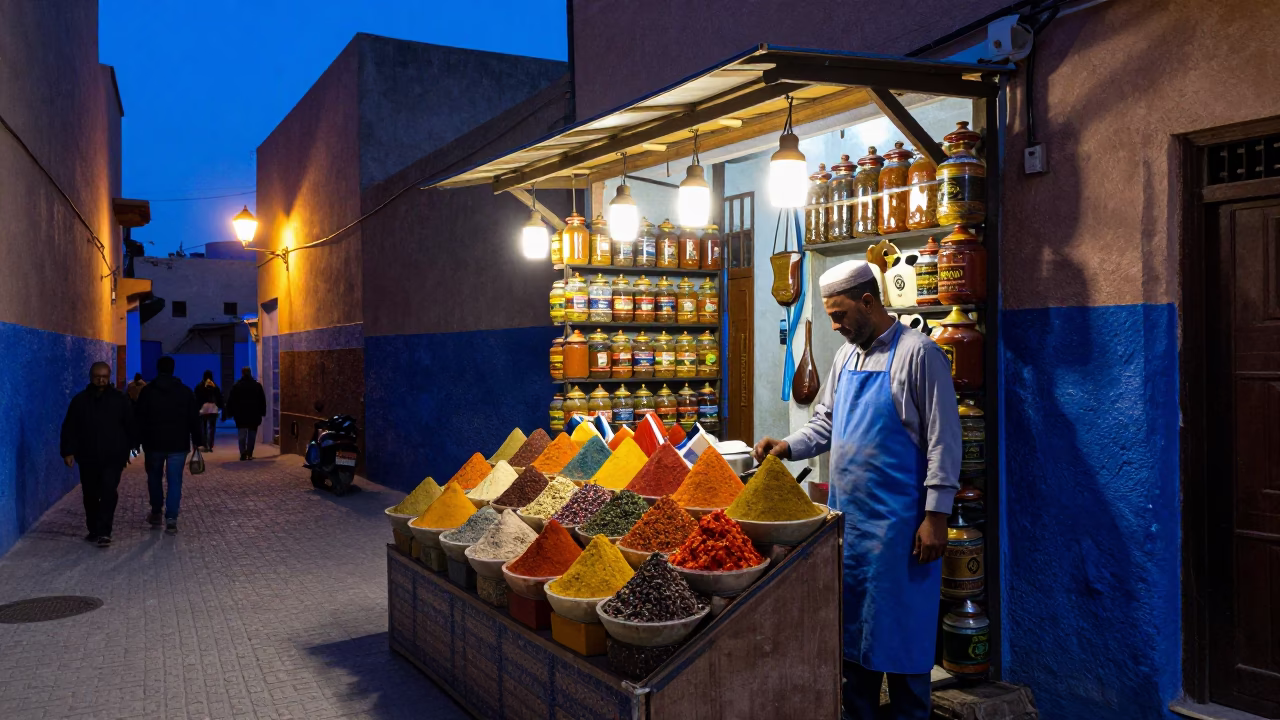 Fez Morocco Indigo Twilight Street Scene with Spice Jars and Aprons in in Fez, Morocco
