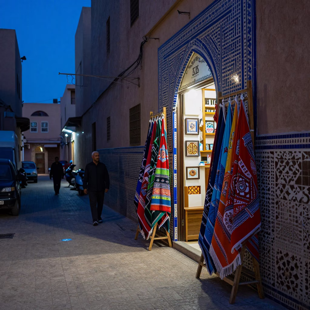 Fez Morocco indigo twilight street scene with tea towels and local interaction in in Fez, Morocco