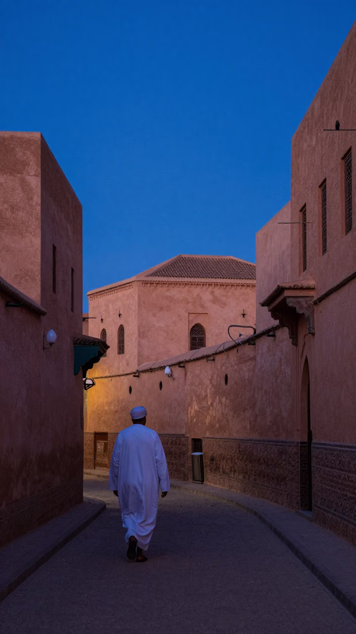 Fez Morocco indigo twilight street scene with traditional architecture and local life in in Fez, Morocco