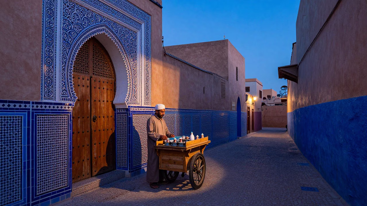 Fez Morocco Indigo Twilight Street Scene with Traditional Tea and Local Architecture in in Fez, Morocco
