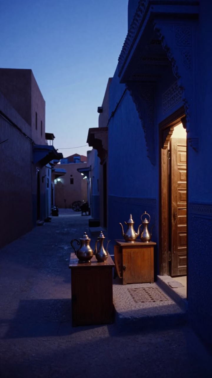 Fez Morocco indigo twilight street scene with traditional tea kettles and carafe in in Fez, Morocco