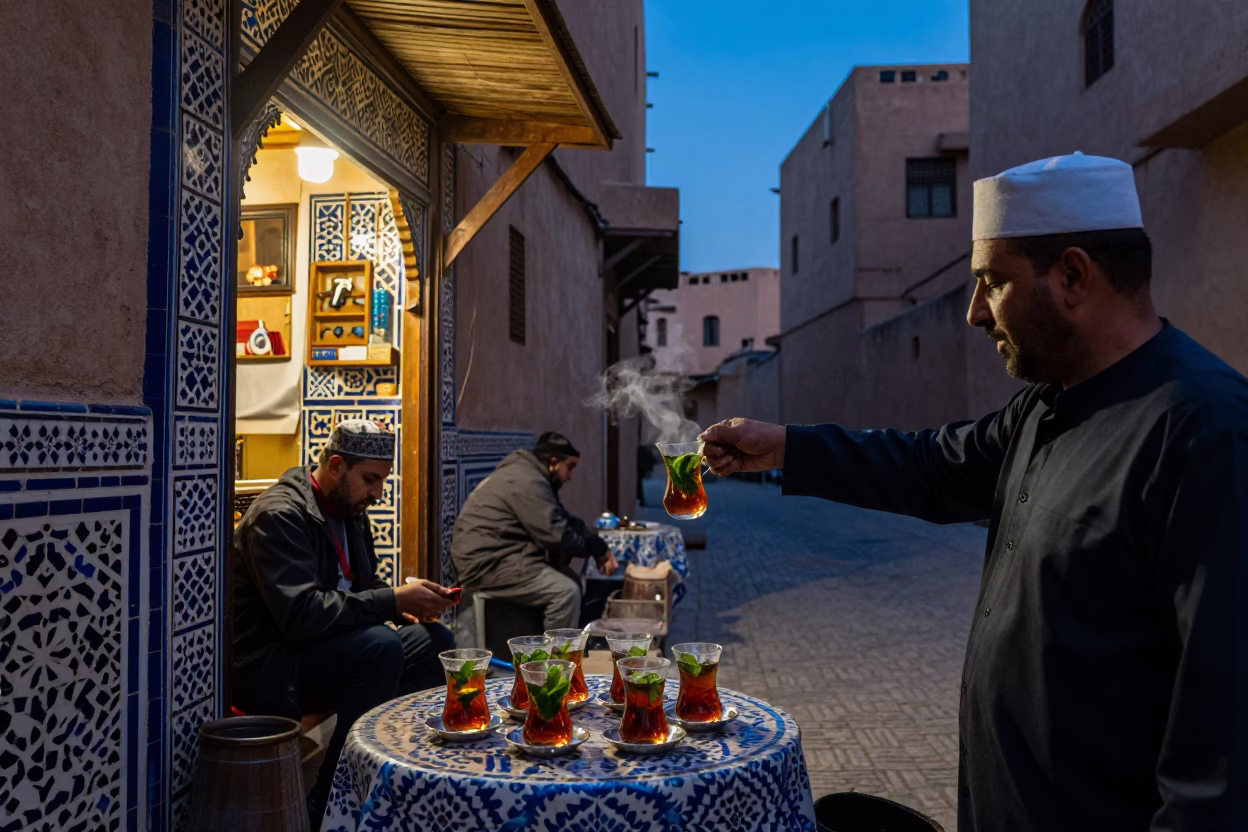 Fez Morocco indigo twilight street scene with traditional tea service and bustling souk ambiance in in Fez, Morocco