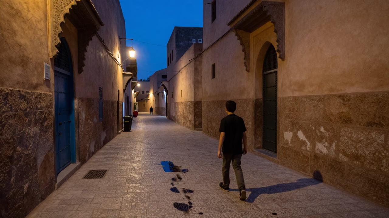 Fez Morocco indigo twilight street scene with water marks on painted plaster walls in in Fez, Morocco