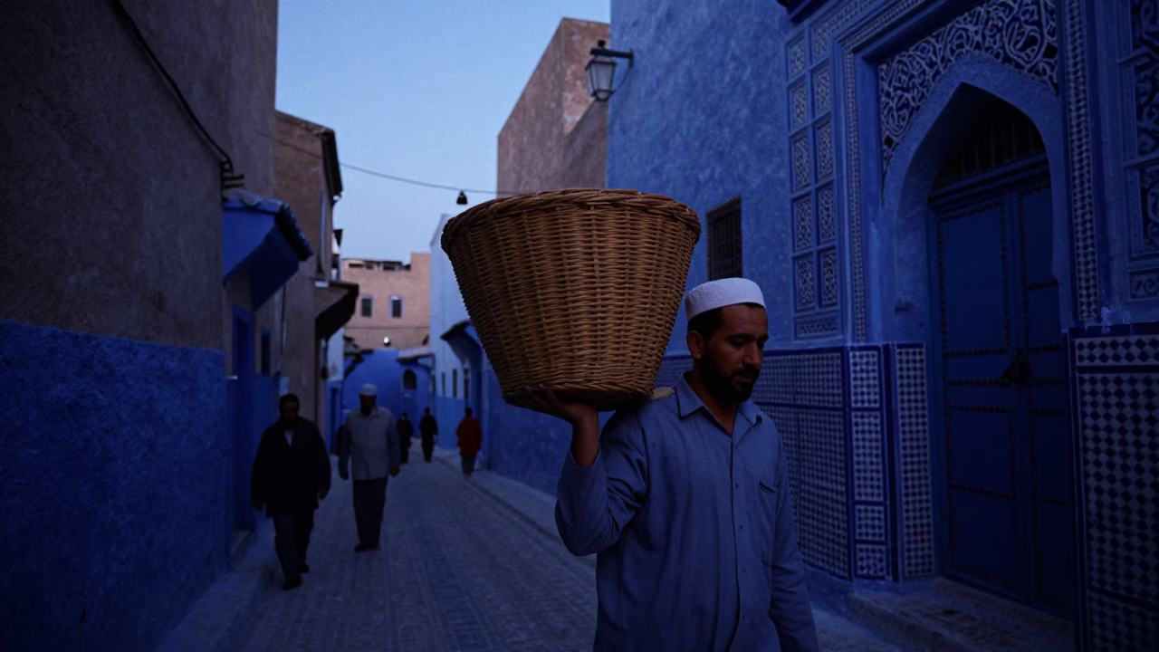 Fez Morocco Indigo Twilight Street Scene with Wicker Basket and Market Activity in in Fez, Morocco