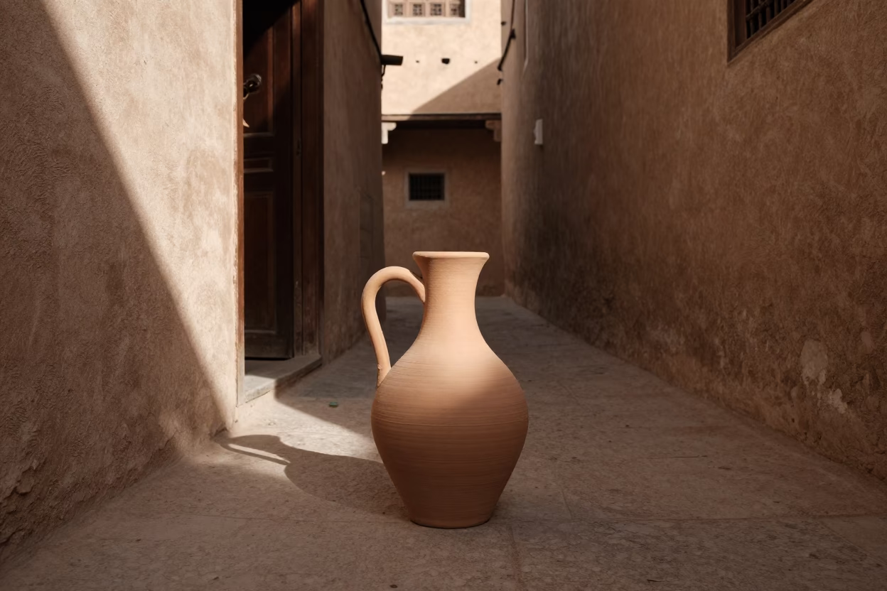 Fez Morocco Late Afternoon Light Traditional Clay Watering Jug in Narrow Old Town Alleyway in in Fez, Morocco