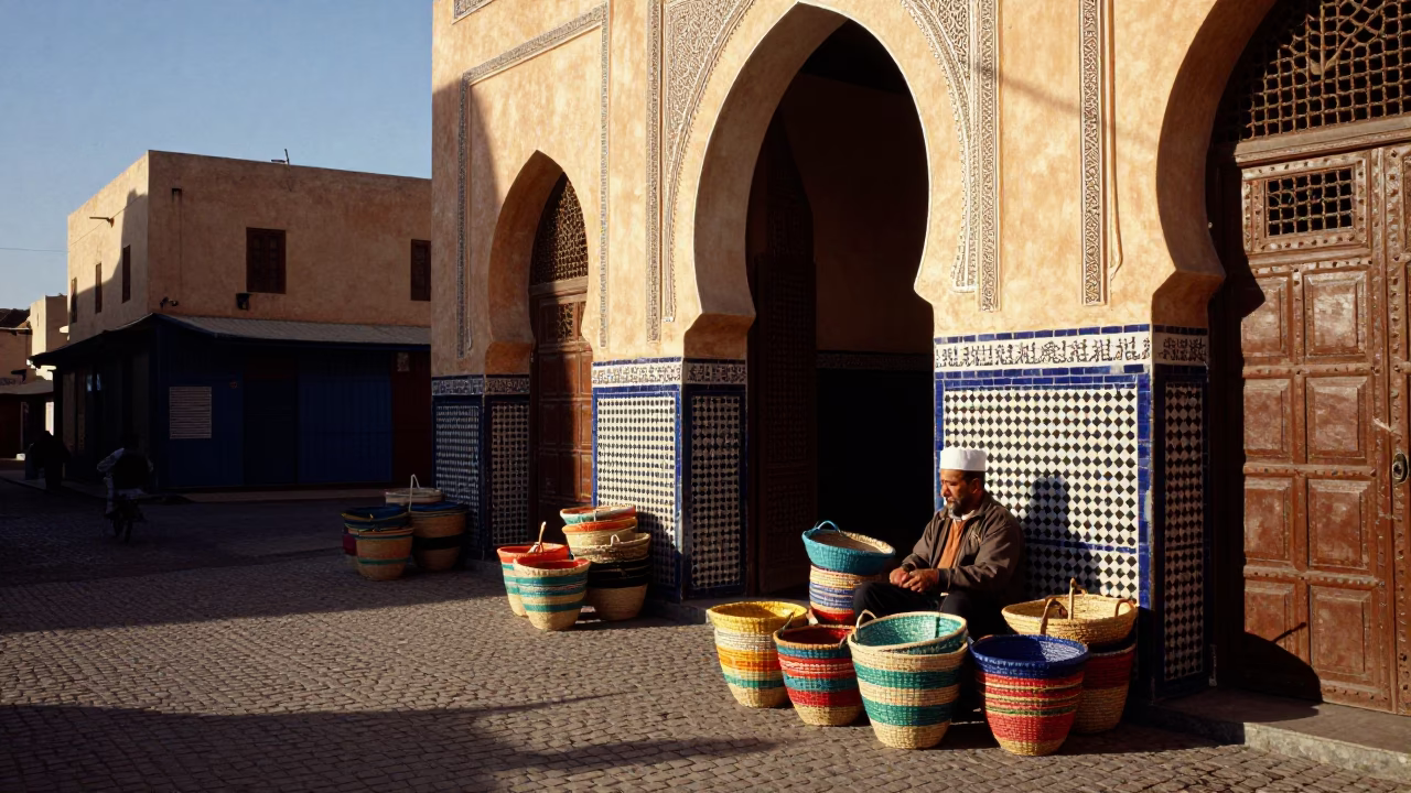 Fez Morocco Late Afternoon Street Scene with Colorful Basket and Traditional Attire in in Fez, Morocco