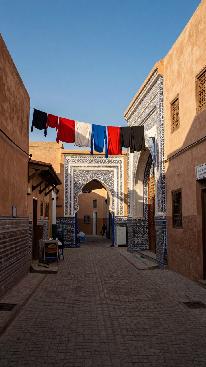Fez Morocco Late Afternoon Street Scene with Laundry and Traditional Architecture in in Fez, Morocco
