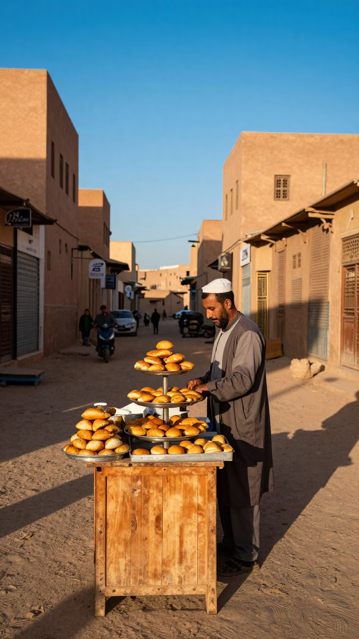 Fez Morocco Late Afternoon Street Scene with Pastries and Traditional Tilework in in Fez, Morocco
