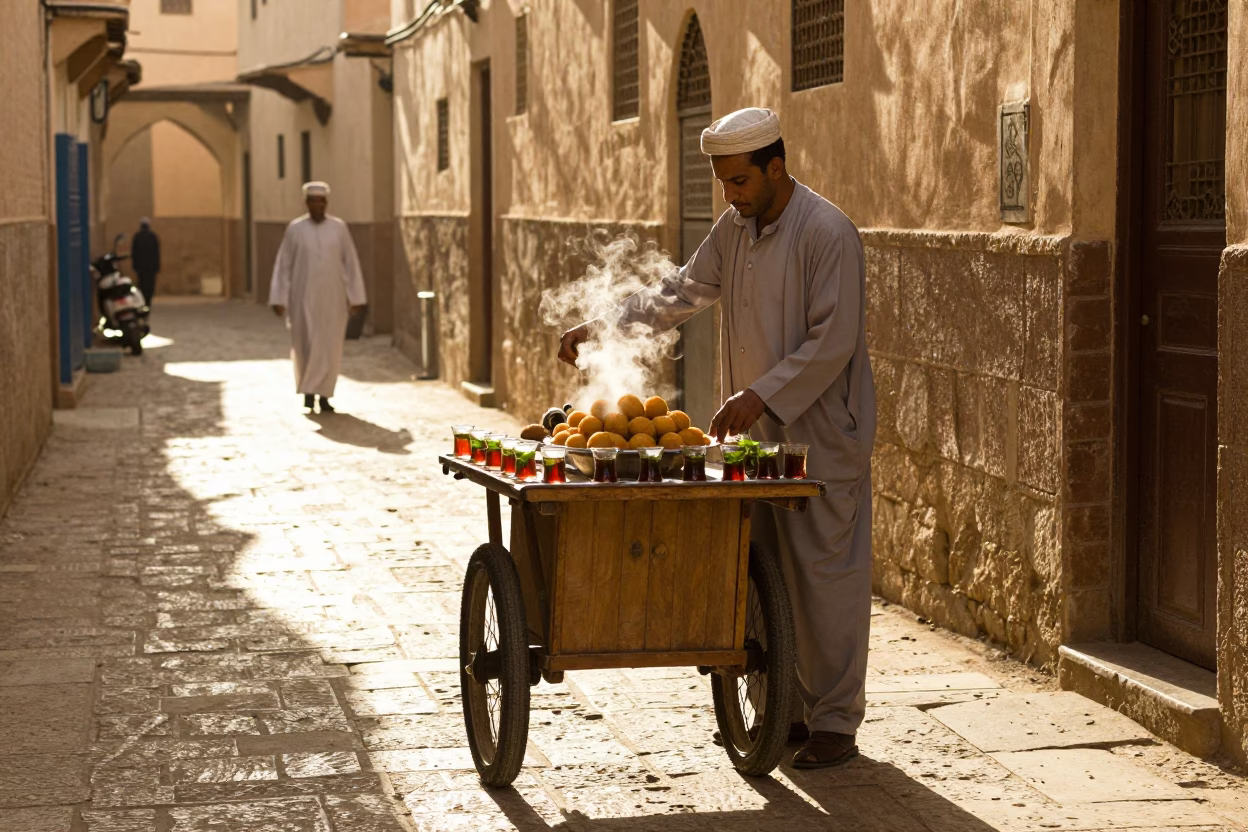 Fez Morocco Late Afternoon Street Scene with Traditional Tea and Local Commerce in in Fez, Morocco