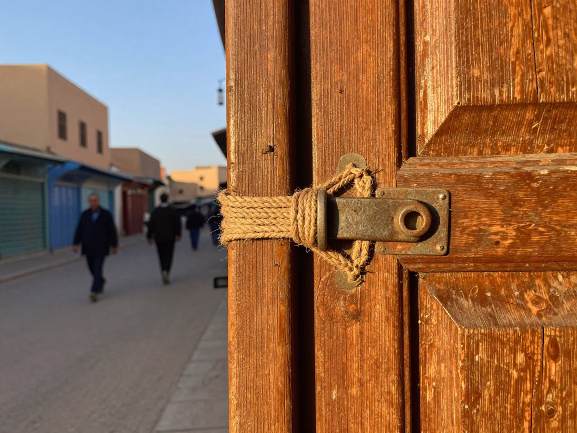 Fez Morocco Late Afternoon Street Scene with Twine Latch and Soap Bottle in in Fez, Morocco