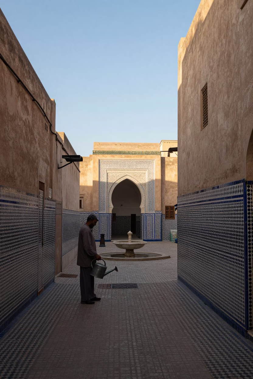 Fez Morocco Late Afternoon Street Scene with Watering Can and Traditional Architecture in in Fez, Morocco