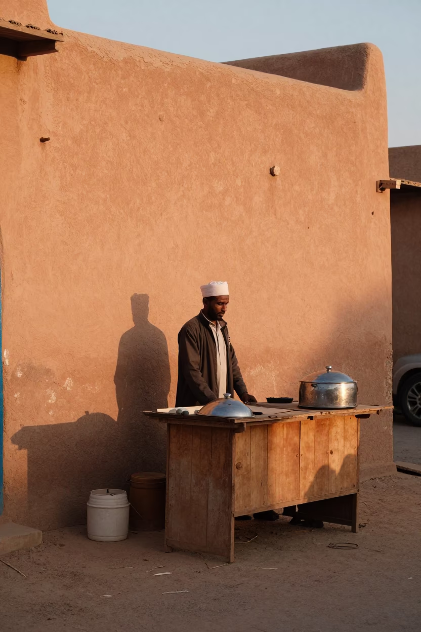 Fez Morocco Late Morning Street Scene with Pot Lid and Mandazi Tray in in Fez, Morocco