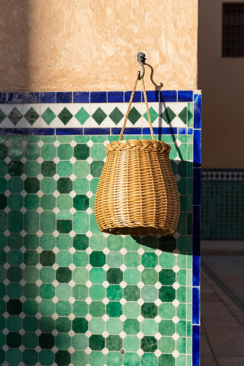 Fez Morocco Late Morning Zellige Tile Detail with Hanging Wicker Basket Shadow in in Fez, Morocco