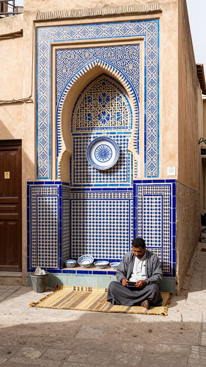 Fez Morocco Midmorning Street Scene with Blue White Porcelain Plate and Blanket in in Fez, Morocco