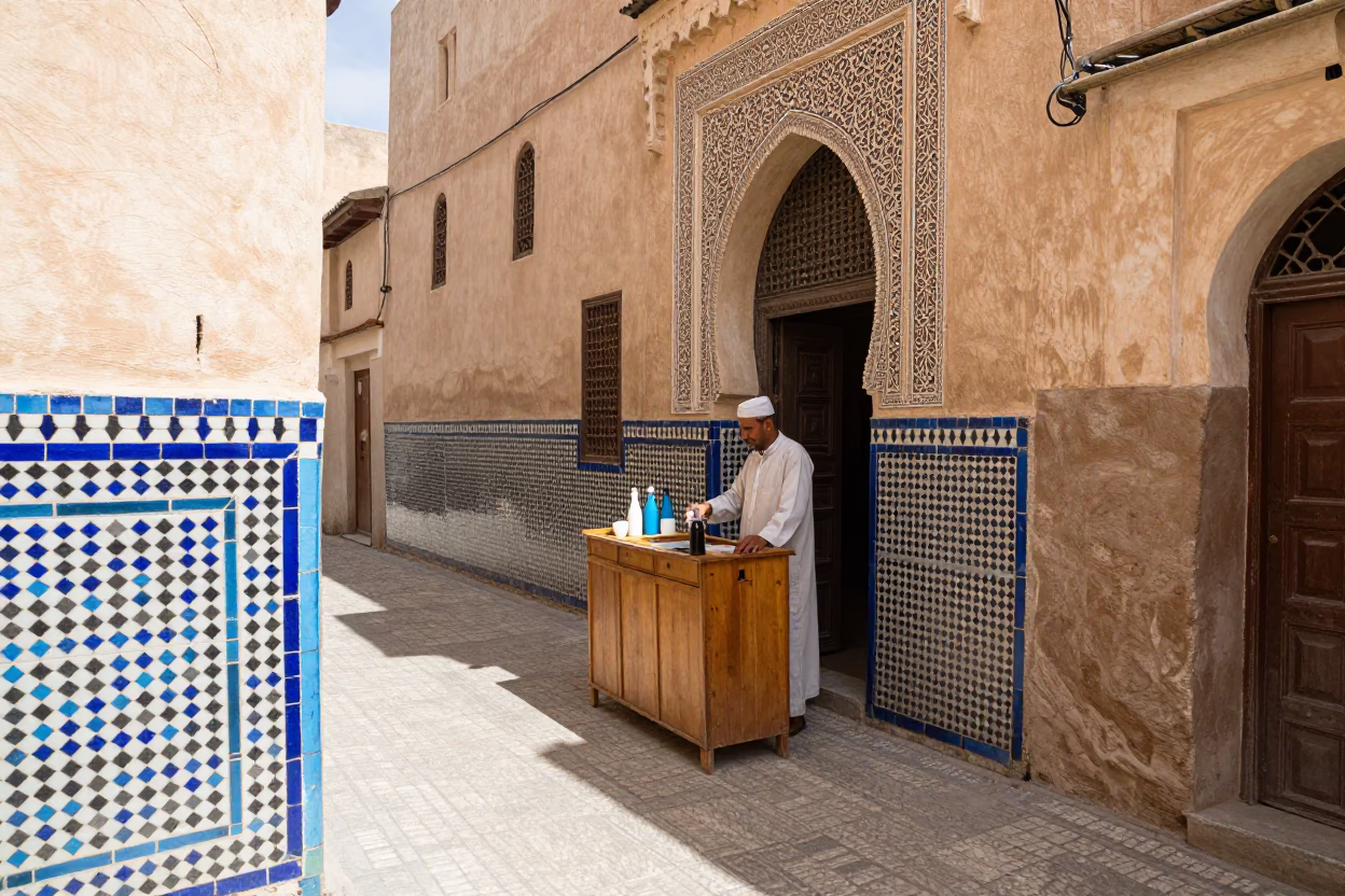 Fez Morocco Midmorning Street Scene with Soap Bottle and Traditional Architecture in in Fez, Morocco