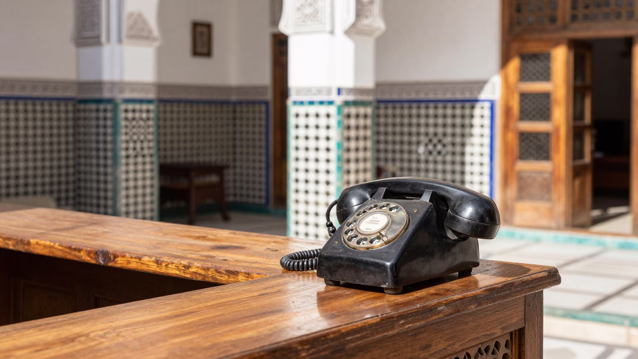 Fez Morocco midmorning street scene with vintage Bakelite telephone on hotel reception desk in in Fez, Morocco