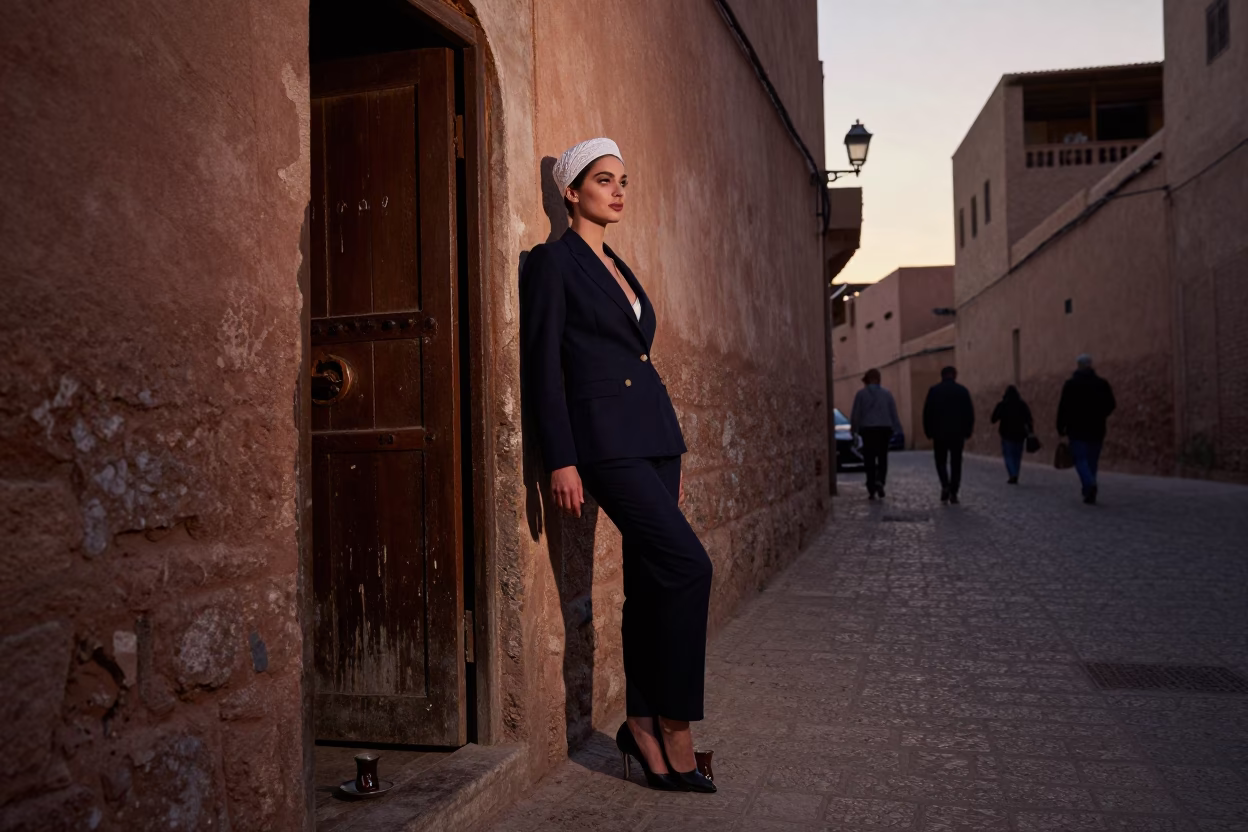 Fez Morocco Nautical Dawn High Fashion Street Scene with Tea Canister in in Fez, Morocco