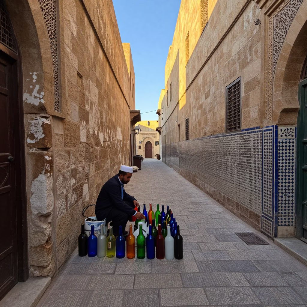 Fez Morocco Nautical Dawn Street Scene with Colored Glass Bottle and Traditional Zellige Tilework in in Fez, Morocco