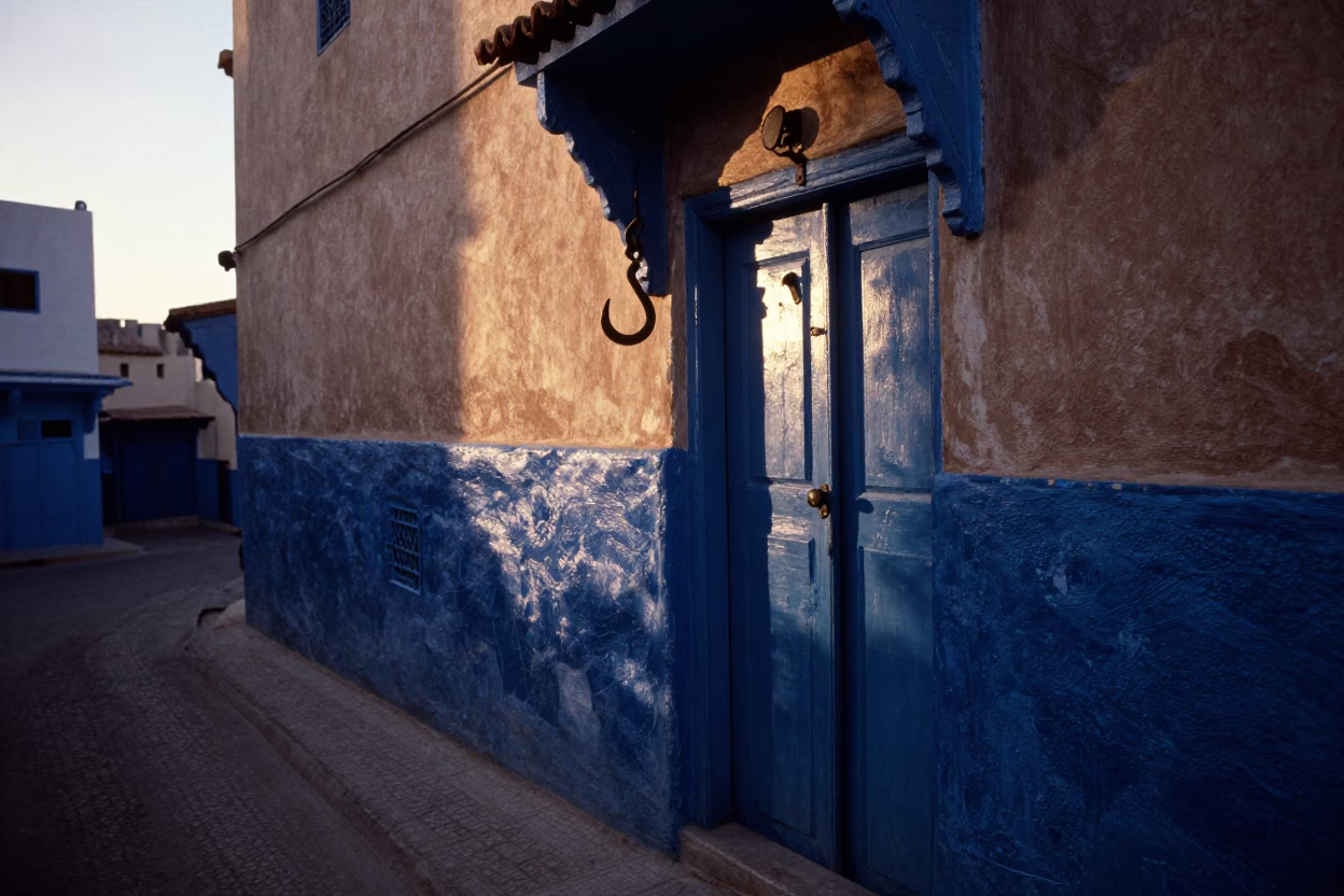 Fez Morocco Nautical Dawn Street Scene with Iron Hook and Mesh Colander in in Fez, Morocco