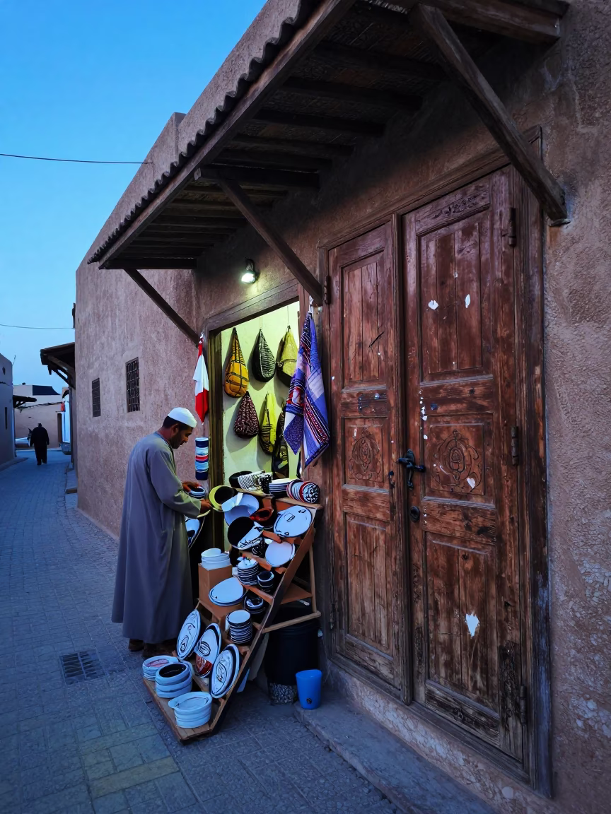 Fez Morocco Nautical Dawn Street Scene with Rustic Wood and Textile Details in in Fez, Morocco