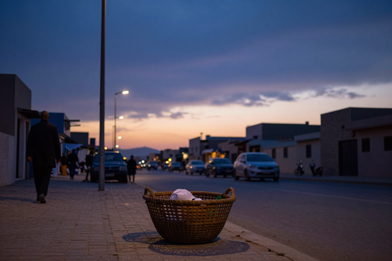 Fez Morocco Nautical Dawn Street Scene with Scrap Basket and Local Vendor in in Fez, Morocco