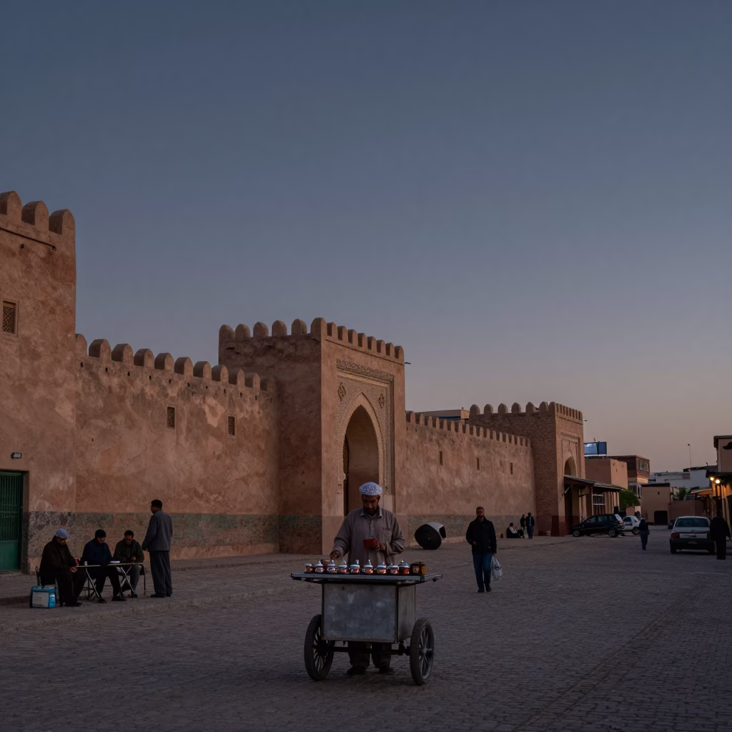Fez Morocco Nautical Dawn Street Scene with Traditional Tea and Tambourine in in Fez, Morocco