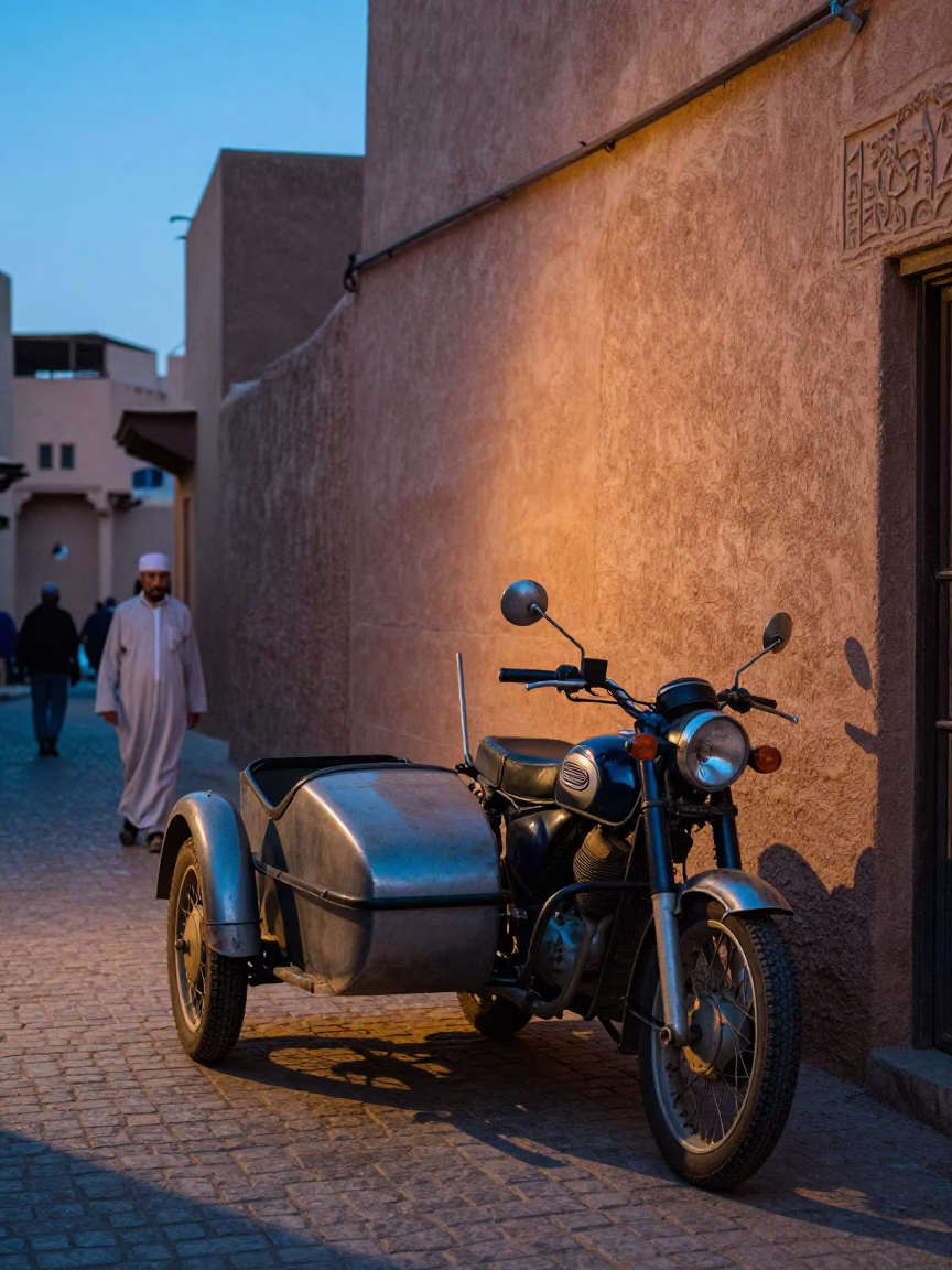 Fez Morocco Nautical Dawn Street Scene with Vintage Motorcycle and Sidecar in in Fez, Morocco