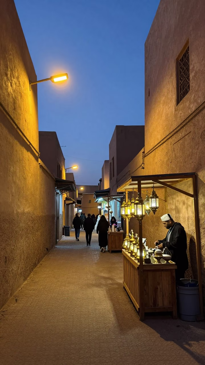 Fez Morocco Night Market Scene with Traditional Lanterns and Local Commerce in in Fez, Morocco
