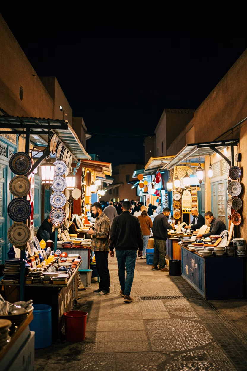 Fez Morocco Night Market Stalls with Ceramic Plates and Lantern Light in in Fez, Morocco